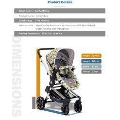A comfortable baby pram with adjustable canopy and padded seating.