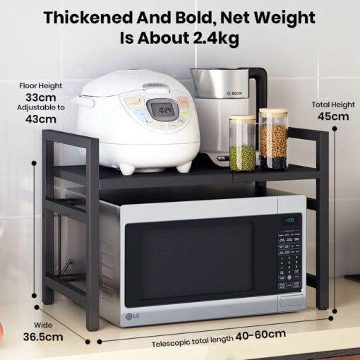 SND Home Expandable Metal Microwave Oven Rack and Toaster Stand Shelf with 3 Free Hooks - Kitchen Countertop Storage - Black - Image 6