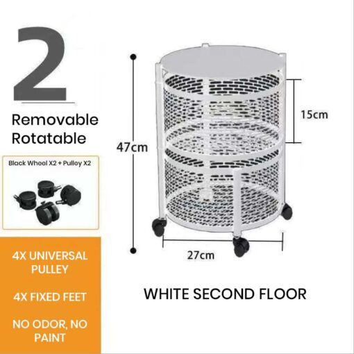 SND Home 5 Layer Round Rotating Fruits & Vegetables Storage Shelves Basket Rolling Rack with Breakable Wheels for Kitchen Bathroom Office (White) - Image 2