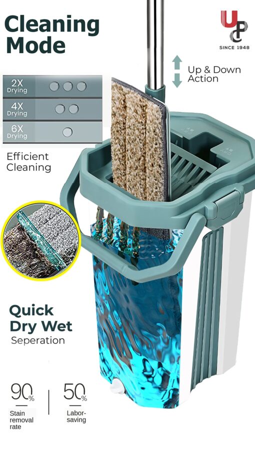 SND Homes Green Upgraded Hands-Free Squeeze Microfiber Flat Mop System 360° Flexible Head Flat Spin Mop with Bucket (38X12.5 cm) Mop with (1+1) Super-Absorbent Microfiber Pads - Image 2