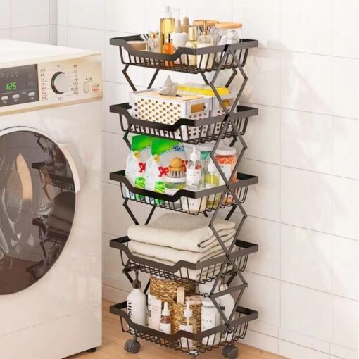 SND Home 5-Tier Foldable Mesh Utility Cart with Lockable Wheels, Easy Installation Metal Organizer for Storage, Ideal for Kitchen, Living Room, Laundry Room, and Bathroom Use (Black) - Image 2