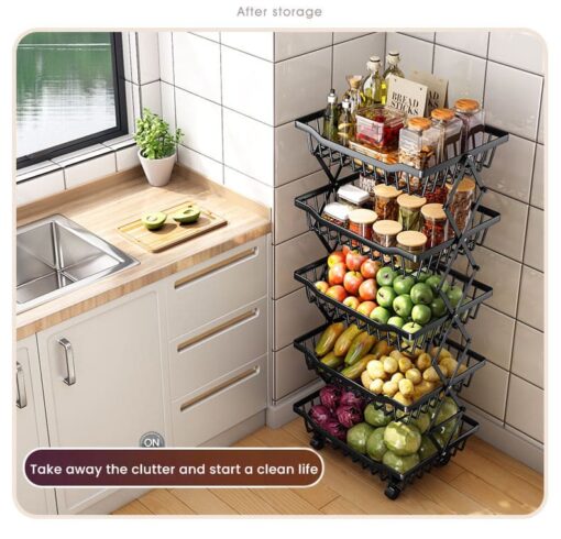 SND Home 5-Tier Foldable Mesh Utility Cart with Lockable Wheels, Easy Installation Metal Organizer for Storage, Ideal for Kitchen, Living Room, Laundry Room, and Bathroom Use (Black) - Image 3