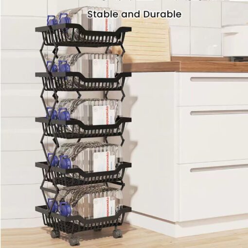 SND Home 5-Tier Foldable Mesh Utility Cart with Lockable Wheels, Easy Installation Metal Organizer for Storage, Ideal for Kitchen, Living Room, Laundry Room, and Bathroom Use (Black) - Image 4
