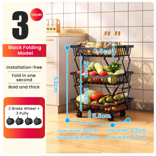 SND Home 5-Tier Foldable Mesh Utility Cart with Lockable Wheels, Easy Installation Metal Organizer for Storage, Ideal for Kitchen, Living Room, Laundry Room, and Bathroom Use (Black) - Image 5