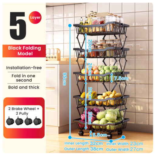 SND Home 5-Tier Foldable Mesh Utility Cart with Lockable Wheels, Easy Installation Metal Organizer for Storage, Ideal for Kitchen, Living Room, Laundry Room, and Bathroom Use (Black) - Image 7