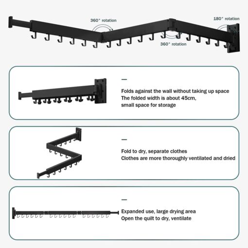 SND Home Wall Mounted Folding Clothes Drying Rack, Collapsible and Retractable Space Saver Heavy Duty Laundry Drying Rack with Towel Bar (Black | 1.97M) - Image 4