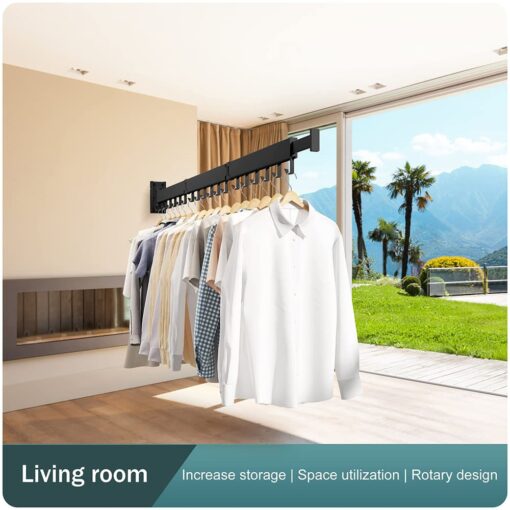 SND Home Wall Mounted Folding Clothes Drying Rack, Collapsible and Retractable Space Saver Heavy Duty Laundry Drying Rack with Towel Bar (Black | 1.97M) - Image 7