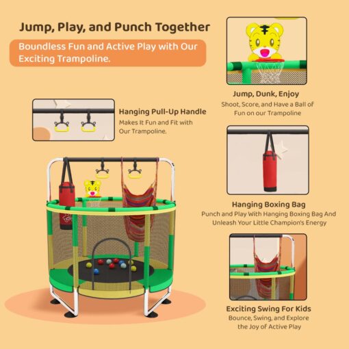 StarAndDaisy Indoor Trampoline for Kids with Safety Net, Pull-Up Handle, Hanging Boxing Bag - Blue & Yellow - Image 6