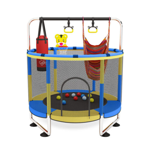 StarAndDaisy Indoor Trampoline for Kids with Safety Net, Pull-Up Handle, Hanging Boxing Bag - Blue & Yellow
