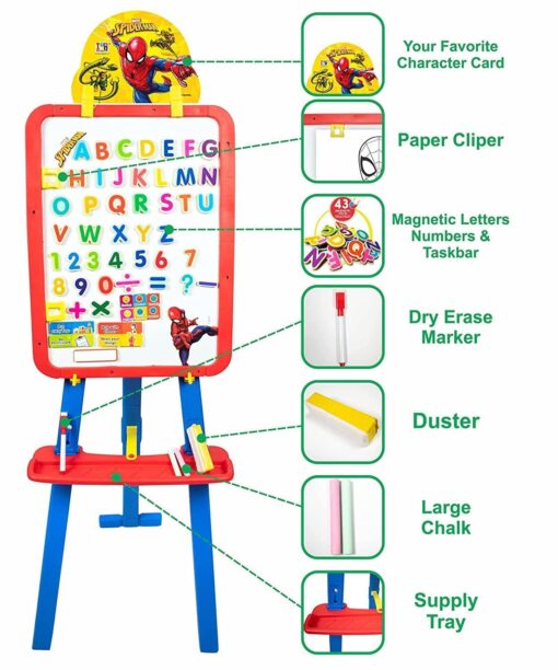 Itoys Spiderman Kids 5 in 1 Easel with Double-Sided Whiteboard & Chalkboard, Multipurpose for Drawing Writing Painting, Magnetic Writing Board for Kids Learning and Other Accessories for Kids and Toddlers - Image 2