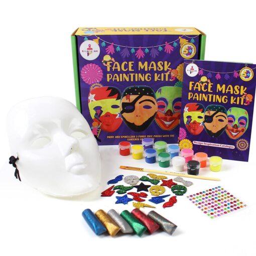 Kalakaram DIY Face Mask Painting Kit - Decorate 3 Fancy Face Masks from The Contents of This kit – White Face Masks, Paints, Cool and Funky Stickers, Paint Brush, Embellishments