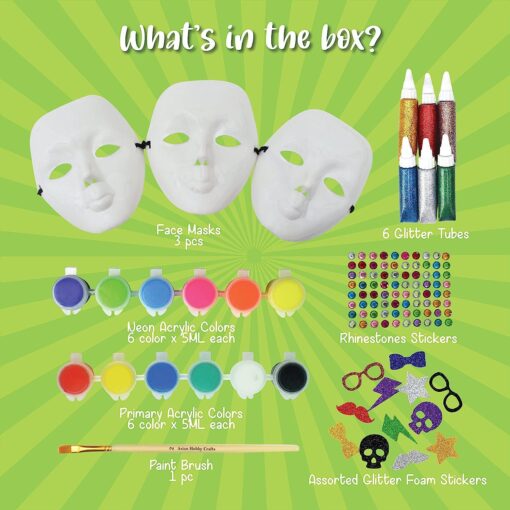 Kalakaram DIY Face Mask Painting Kit - Decorate 3 Fancy Face Masks from The Contents of This kit – White Face Masks, Paints, Cool and Funky Stickers, Paint Brush, Embellishments - Image 2