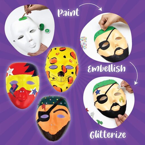 Kalakaram DIY Face Mask Painting Kit - Decorate 3 Fancy Face Masks from The Contents of This kit – White Face Masks, Paints, Cool and Funky Stickers, Paint Brush, Embellishments - Image 3