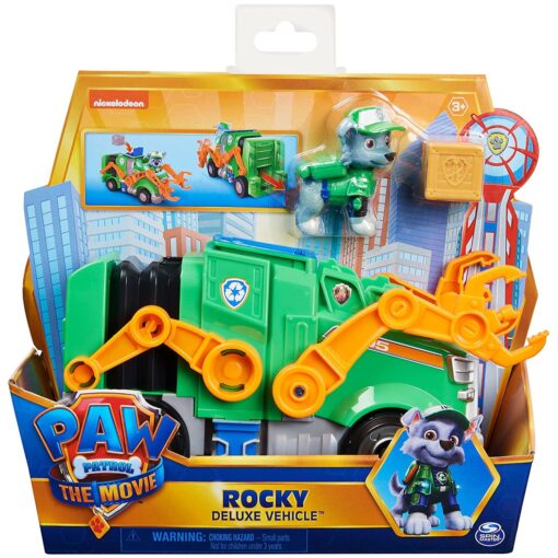 Paw Patrol, Rocky Deluxe Movie Transforming Toy Car with Collectible Action Figure, Kids Toys for Ages 3 and up, Multicolor