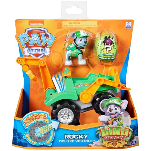 Paw Patrol Dino Rescue Rocky Deluxe Rev Up Vehicle with Mystery Dinosaur Figure, for Kids Aged 3 and up