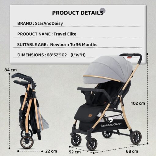 [Refurbished] StarAndDaisy Travel Elite Baby Stroller Pram for Travel - Foldable Compact Baby Stroller with Reversible Handel - Adjustable Backrest & Canopy - 5-Point Safety Harness - Suspension Wheels & Storage Basket (Grey Gold) - Image 9