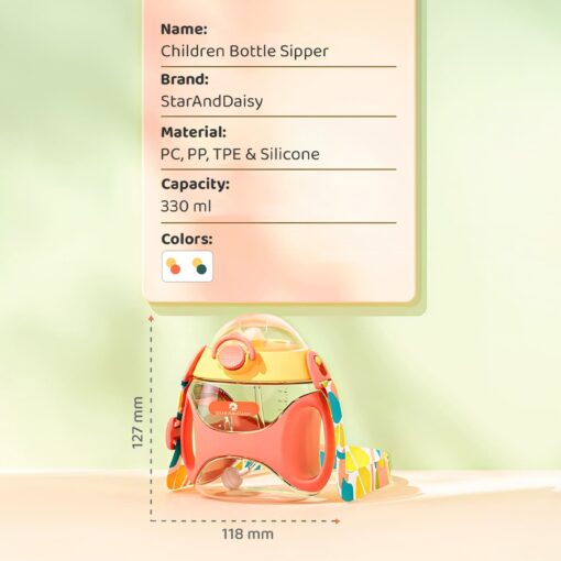 StarAndDaisy Baby Sipper Water Bottle with Soft Straw & Handle with Anti Spill Lock, BPA Free & 360° Water Drinking Kids Bottle - 330ML, Orange - Image 13