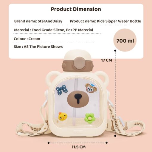 StarAndDaisy Kids Sipper Watter Bottle for Baby & Toddler with Animated Stickers & Lock Cover and Adjustable Straps – Cream, 700 ML