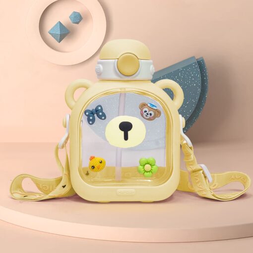 StarAndDaisy Kids Sipper Watter Bottle for Baby & Toddler with Animated Stickers & Leakproof Lock Cover and Adjustable Straps - Yellow, 700 ML
