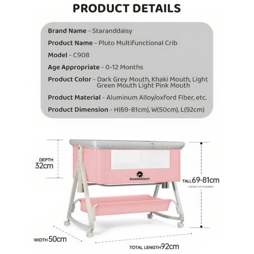 StarAndDaisy Pluto 3-in-1 Baby Crib Cradle with Mosquito Net - Baby Bed Side Bassinet with Adjustable Height - Pink - Image 11