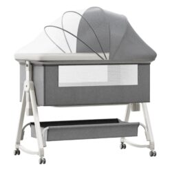 StarAndDaisy Pluto Luxury Baby Cradle with Nursing Changing Tray, Height Adjustment, Soft Foam Mattress, Storage Basket and Mosquito Net - Grey