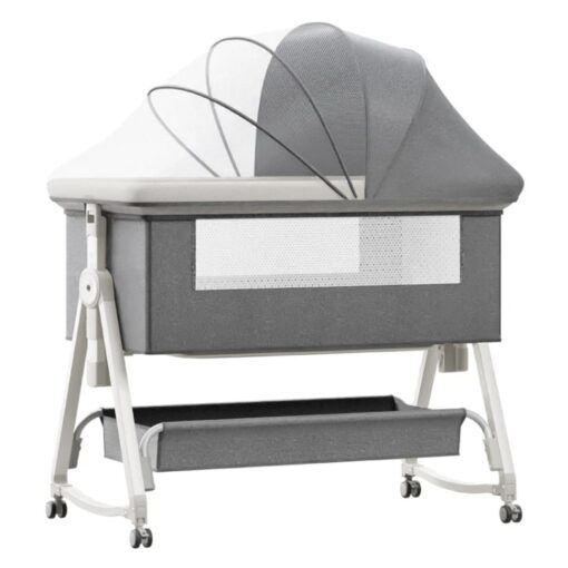 StarAndDaisy Pluto Luxury Baby Cradle with Nursing Changing Tray, Height Adjustment, Soft Foam Mattress, Storage Basket and Mosquito Net - Grey