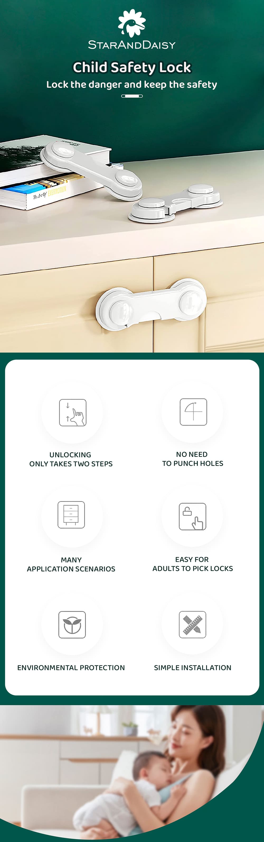 Wrench style baby door lock aplus
