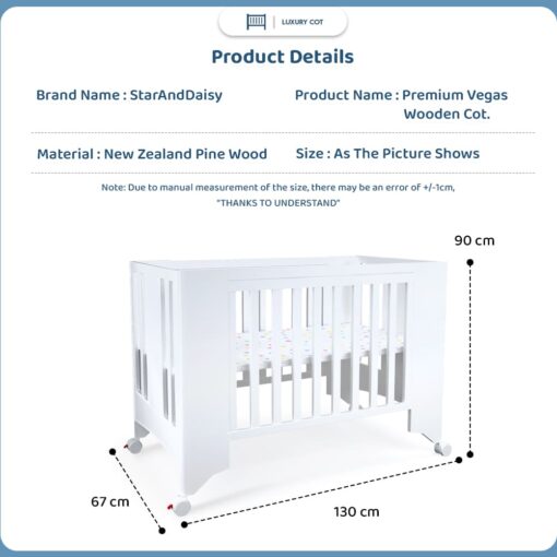 StarAndDaisy Premium Vegas Wooden Cot Crib Bed for Baby with Mattress, Mosquito Net & Adjustable Stand