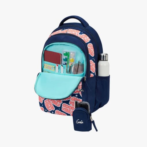 Genie Vibes Trendy School Bag for Boys, Water Resistant and Lightweight Bags with Adjustable Padded Shoulder Straps - Navy Blue