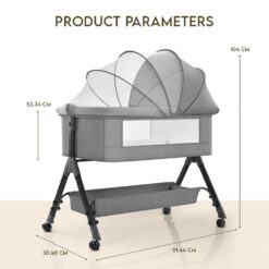 StarAndDaisy 3 in 1 Cradle for Baby with Nursing Changing Tray, Height Adjustments, Mosquito Net and Storage Basket - Grey