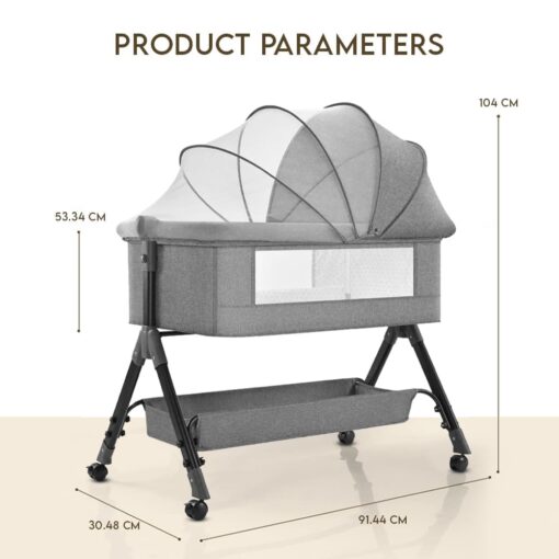 StarAndDaisy 3 in 1 Cradle for Baby with Nursing Changing Tray, Height Adjustments, Mosquito Net and Storage Basket - Grey