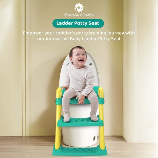 StarAndDaisy Potty Toilet Training Seat with Ladder with Step Stool for Baby Kids & Splash Guard - Green & Yellow - Image 2