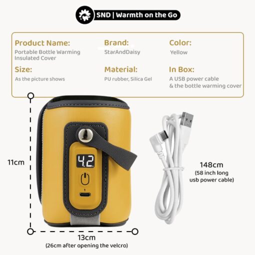 StarAndDaisy Portable Bottle Warmer Cover With 5-speed Adjustment, Quick USB Charging Baby Feeding Bottle Warmer - Yellow - Image 12