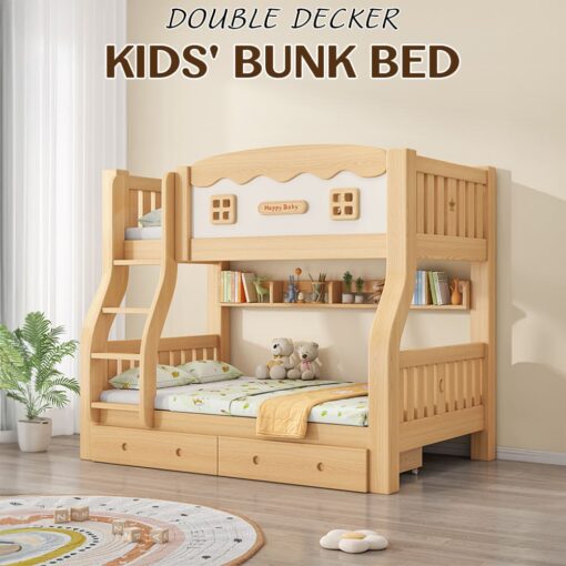 StarAndDaisy Luxury Bunk Bed for Kids without Ladder Cabinets, Double Decker Children's Bed with Bed Guardrail & Bookshelf (A9) - Image 2