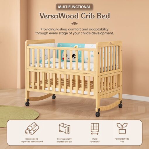 StarAndDaisy VersWood Baby Rocking Crib Cot Bed without Mattress, Universal Wheels & Mosquito Net with Adjustable Stand - (VersaWood-B25) - Image 2