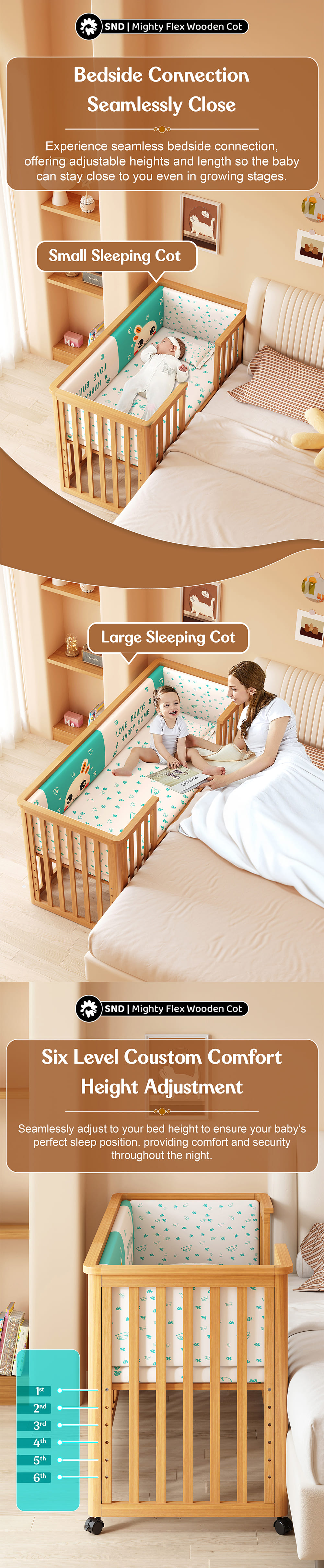 Baby wooden Cot with Heigh Adjsuatble