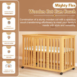 StarAndDaisy Multifunctional Baby Bed Side Wooden Crib without Mattress, Height Adjustable & Mosquito Net Stand, Locking Wheels - (Beechwood-B27)