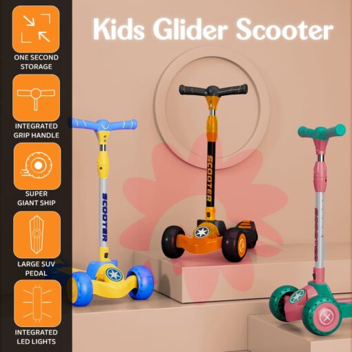 StarAndDaisy Glider Kick Scooter for Kids - 3 Wheel Foldable Scooters for Toddlers with 5 Adjustable Heights - Orange and Black - Image 2